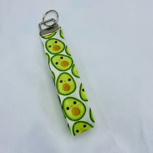 Key Fob Wristlet Keychain In White Happy Avocado Print